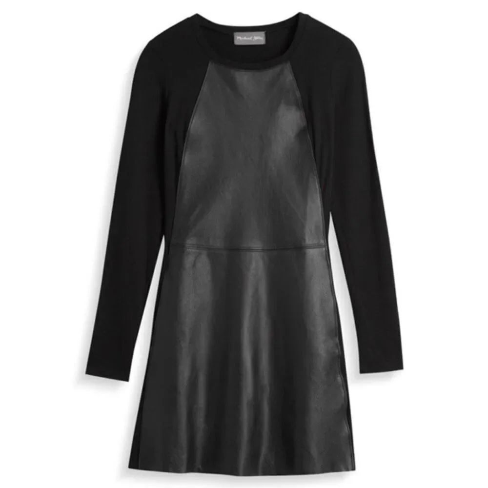 Michael Stars Small Shantelle Leather Mix Long Sleeve A Line Mini Dress in Black
